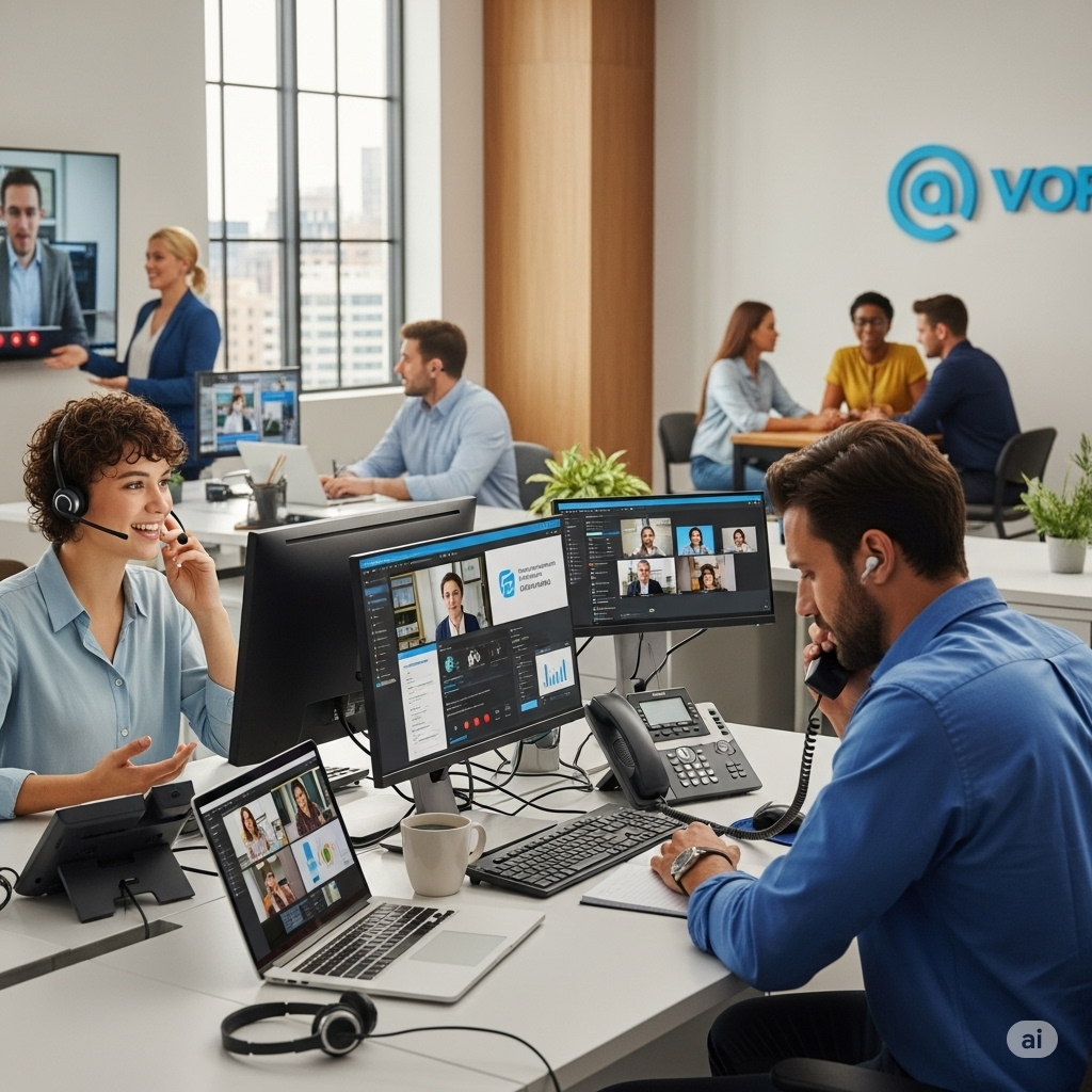 Oficina con personas utilizando servicios de VOIP